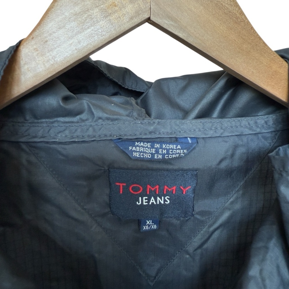 VTG! 2000s Y2K Tommy Jeans Windbreaker Jacket Mens XL Black Hooded Full Zip Logo - Picture 5 of 9